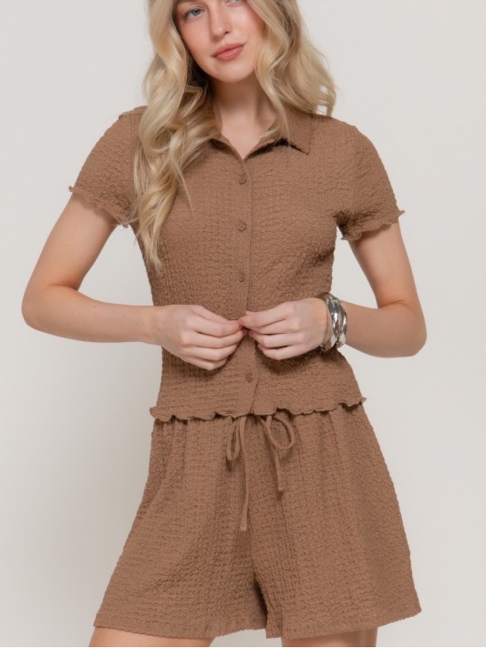 NEW Brown Crinkle Knit Two-Piece Set - Short Sleeve Button Top & Shorts SZ MED